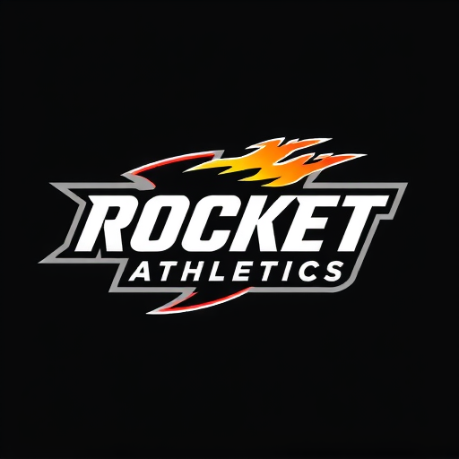 Professional logo design. Dynamic, sporty logo for "Rocket Athletics" with bold, fast-moving shapes.