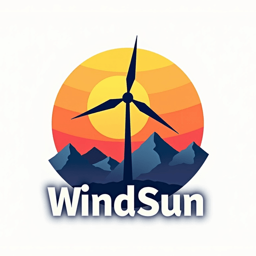 Professional logo design. concept logo of a windmill with mountains in the background. colorful sunset theme. with the text 'WindSun'