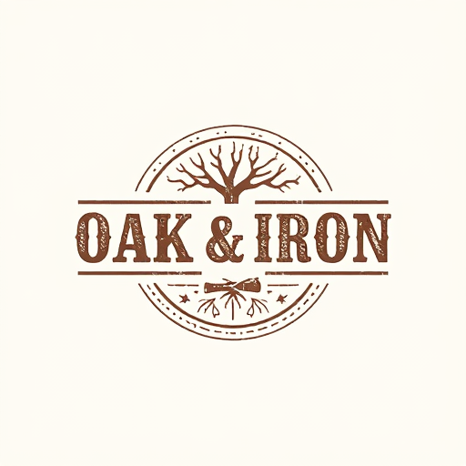 Professional logo design. Create a rustic logo for "Oak & Iron," using textured fonts and natural tones.