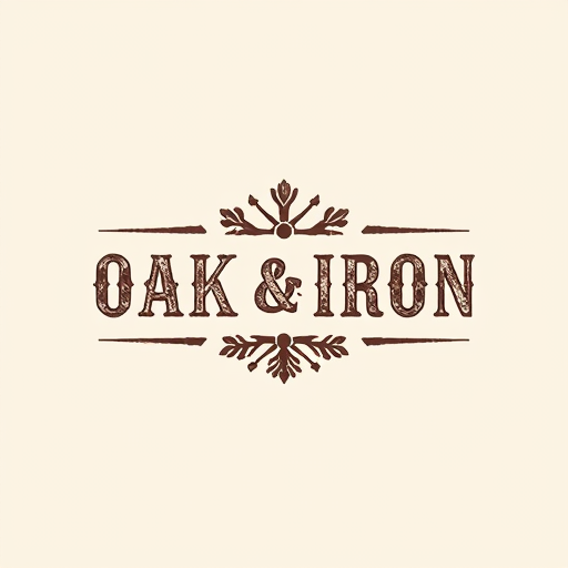 Professional logo design. Create a rustic logo for "Oak & Iron," using textured fonts and natural tones.