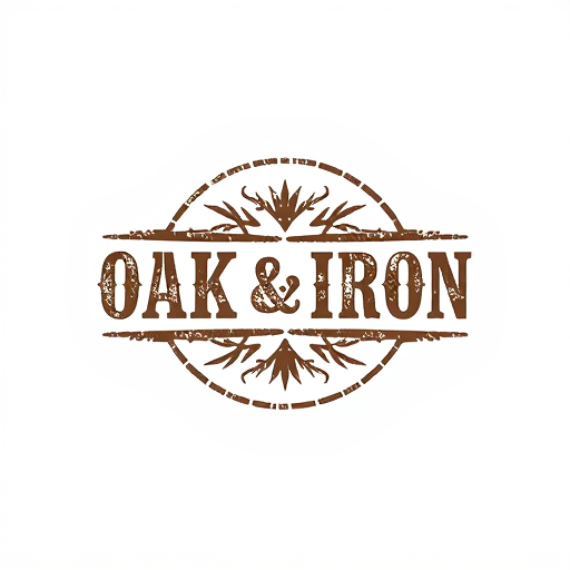 Professional logo design. Create a rustic logo for "Oak & Iron," using textured fonts and natural tones.