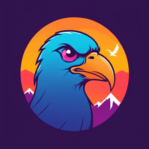 Professional logo design. bird logo, looking sideway and up, face only, add sparks, colorful, add mountains in the background, sunset <lora:sdxlbase20:1>
