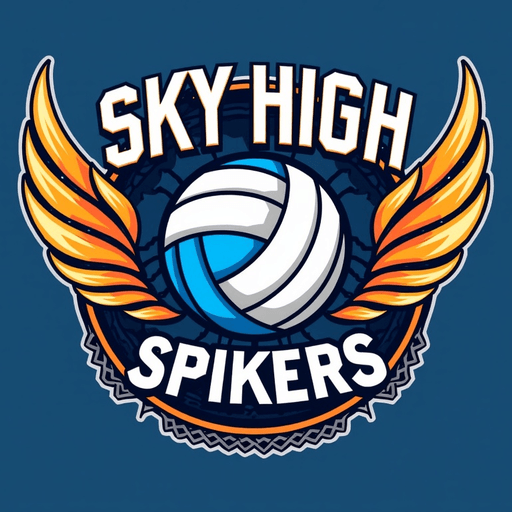 Professional logo design. In the vibrant world of sports branding, create an eye-catching logo design for a dynamic volleyball team known as the "Sky High Spikers." The logo should feature a powerful volleyball, prominently rendered in bright shades of electric blue and bold white, symbolizing energy and enthusiasm. Surrounding the ball, incorporate stylized wings that evoke a sense of soaring motion and agility, colored in a gradient of fiery orange and soft yellow, representing the warm cheer and spirit of the team.Set against a circular backdrop, the logo should be framed by an abstract depiction of a volleyball net, intricately woven in dark gray, providing a modern and sleek touch. The team's name, "Sky High Spikers," should be elegantly arched above the volleyball in a strong, contemporary font, reflecting confidence and determination, while the team’s slogan, "Rise Above the Rest," can be placed below in a smaller, playful script that adds a friendly vibe.Consider adding a subtle textured effect to the background, reminiscent of sandy volleyball courts, to enhance depth and evoke the atmosphere of competitive play. The overall emotional tone of the logo should convey excitement, teamwork, and a fierce competitive spirit, appealing to both players and supporters alike and making it memorable in the fast-paced world of sports.