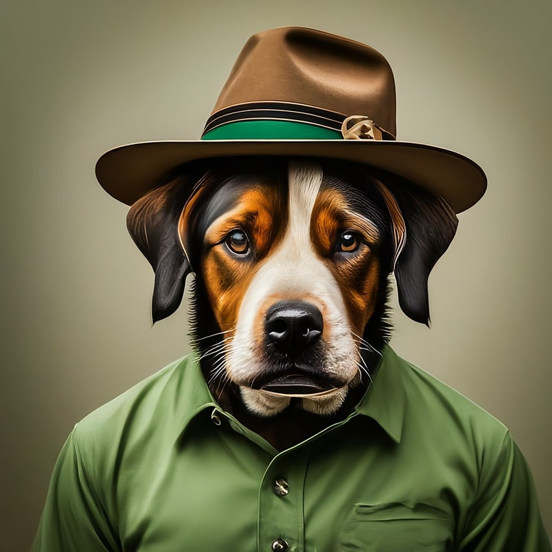 Professional logo design. dog with a hat, wearing a green shirt