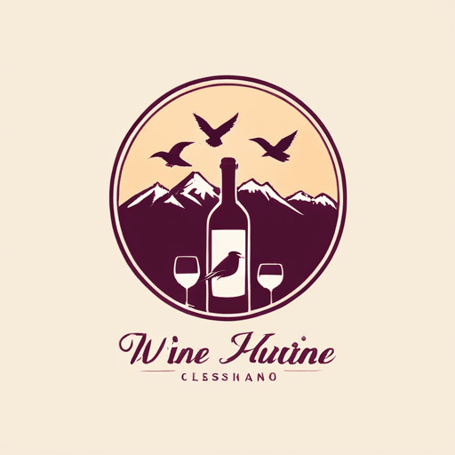 Professional logo design. wine bottle logo, with mountains in the background and birds <lora:sdxlbase20:1>