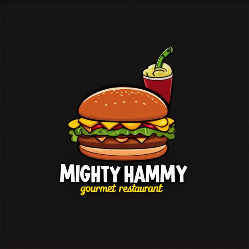  Design a playful logo for a gourmet burger restaurant, “Mighty Hammy, gourmet restaurant.” Yellow background