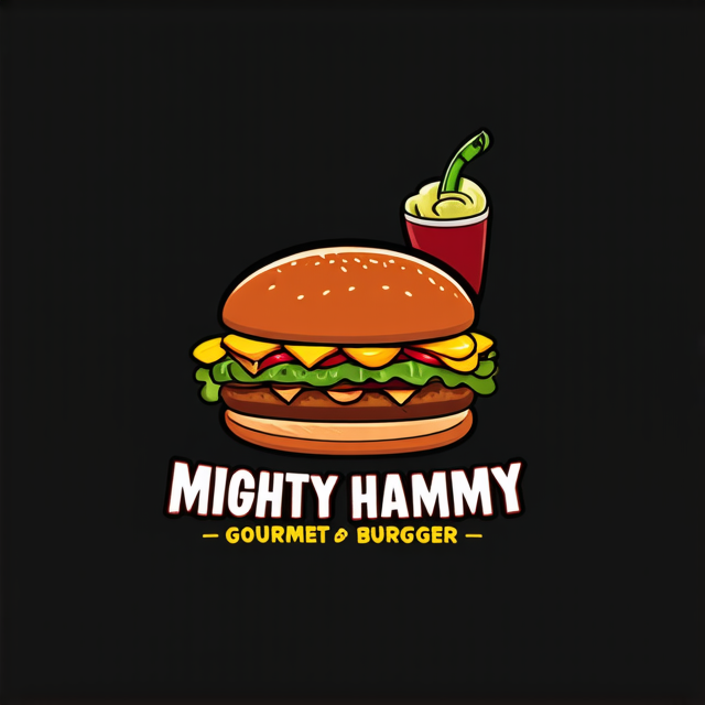 Design a playful logo for a gourmet burger restaurant, “Mighty Hammy.” Yellow background