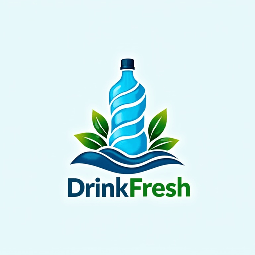Professional logo design. water bottle concept, spiral leaves around it. Mountain. 2d. Text "DrinkFresh". Emblem