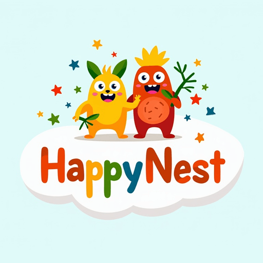 Professional logo design. Playful characters with bright, cheerful colors and whimsical font - "HappyNest"