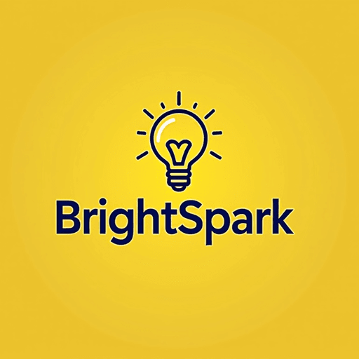 Professional logo design. Design a minimalist lightbulb with bright yellow colors and clean, creative kids style typography for "BrightSpark". The logo should be a Wordmark type. the spark should be creative and fun