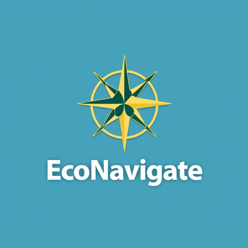 Professional logo design. Stylized compass integrated with a leaf and blue-green hues Text "EcoNavigate"
