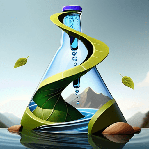  water drink concept, spiral leaves around it. Mountain. 