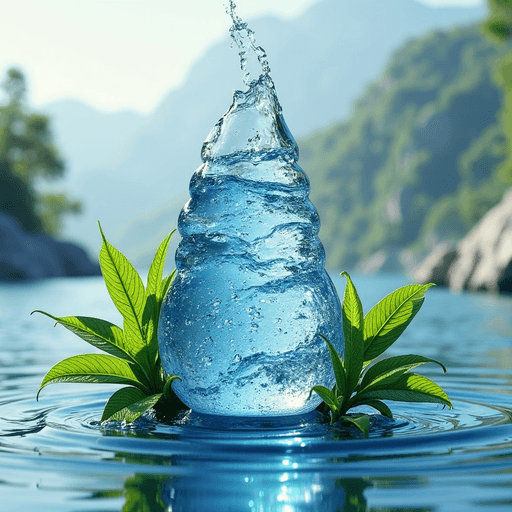  water drink concept, spiral leaves around it. Mountain.