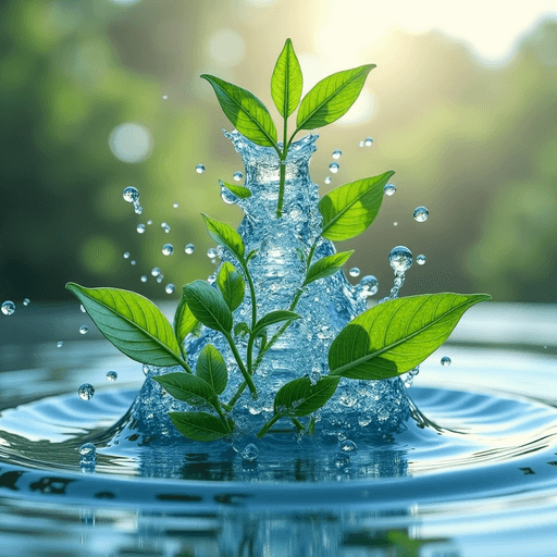  water drink concept, spiral leaves around it. Mountain.