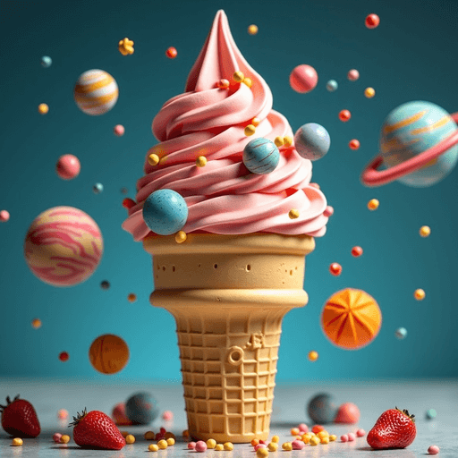  ice cream cone with planets instead of icecream. sureal background. 
