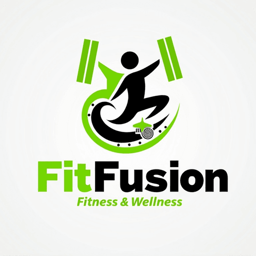 Professional logo design. Create a logo for "FitFusion," a fitness and wellness brand. Incorporate dynamic elements like a fusion of weights, running shoes, and yoga poses to represent a holistic approach to fitness. Use energetic colors like lime green, black, and white. The font should be bold and modern, conveying strength and flexibility.