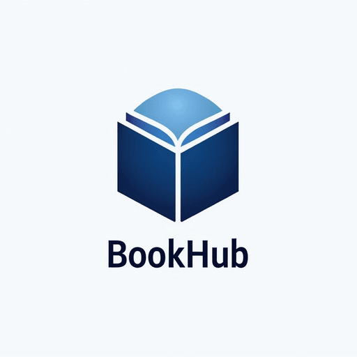 Professional logo design. Book icon with classic navy blue hues Text "BookHub"