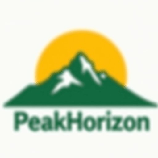 Professional logo design. Mountain combined with a rising sun, using natural green and warm yellow hues Text "PeakHorizon"