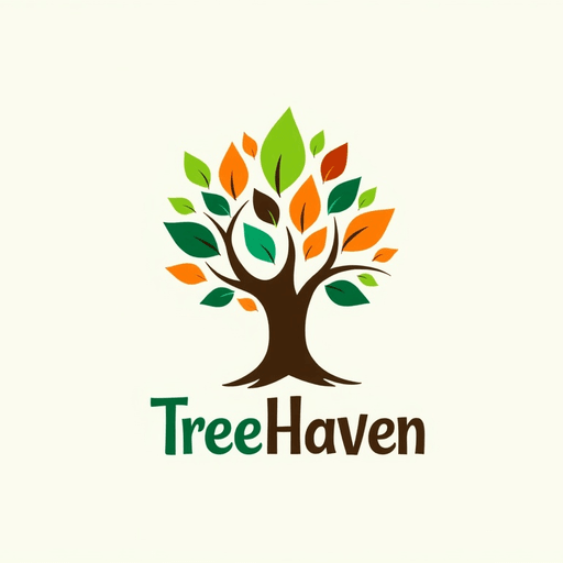 Professional logo design. Develop a stylized tree with multi-colored leaves and whimsical, artistic fonts for "TreeHaven". The logo should be a Character type.