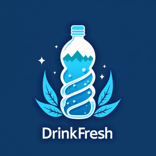 Professional logo design. water bottle concept, spiral leaves around it. Mountain. 2d. Text "DrinkFresh". Emblem