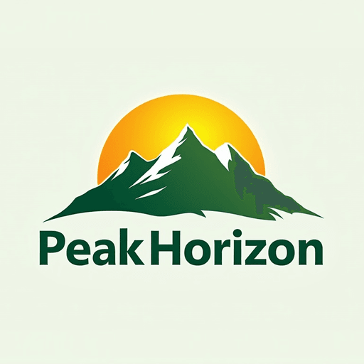 Professional logo design. Mountain combined with a rising sun, using natural green and warm yellow hues Text "PeakHorizon"