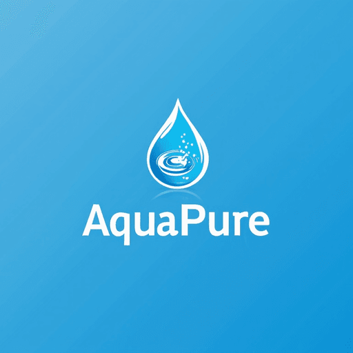 Professional logo design. "AquaPure" featuring a water droplet and clean blue hues.
