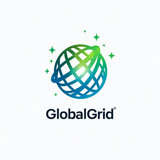 Professional logo design. Geometric globe with interconnected lines and vibrant blue and green colors Text "GlobalGrid" 