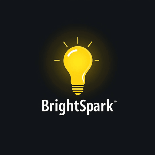 Professional logo design. Design a minimalist lightbulb with bright yellow colors and clean, creative font for "BrightSpark". The logo should be a Wordmark type.