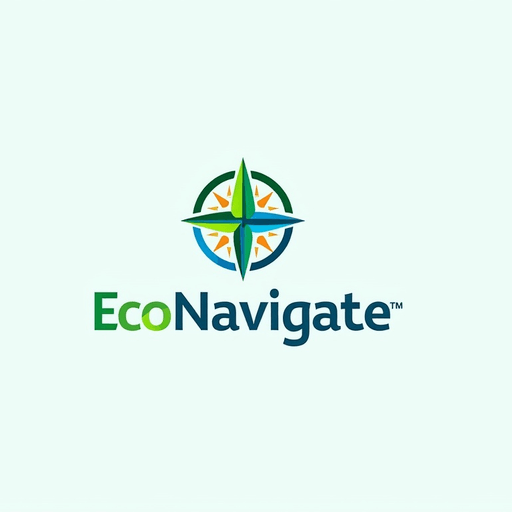 Professional logo design. Stylized compass integrated with a leaf and blue-green hues Text "EcoNavigate"