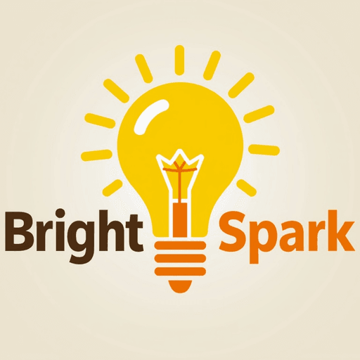 Professional logo design. Design a minimalist lightbulb with bright yellow colors and clean, creative kids style typography for "BrightSpark". The logo should be a Wordmark type. the spark should be creative and fun