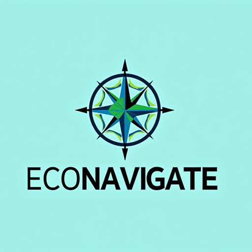 Professional logo design. Stylized compass integrated with a leaf and blue-green hues Text "EcoNavigate"