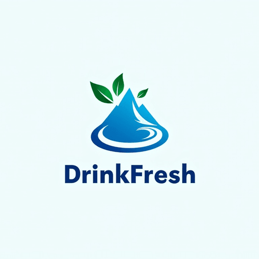 Professional logo design. water drink concept, spiral leaves around it. Mountain. 2d. Text "DrinkFresh". Emblem