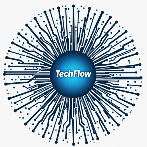 Professional logo design. Abstract circuit board pattern with techy blue and silver colors - text "TechFlow"