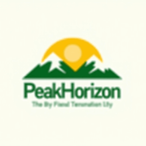 Professional logo design. Mountain combined with a rising sun, using natural green and warm yellow hues Text "PeakHorizon"