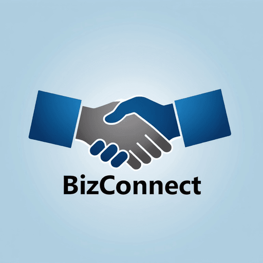 Professional logo design. Handshake symbol with professional blue and grey hues - text "BizConnect"