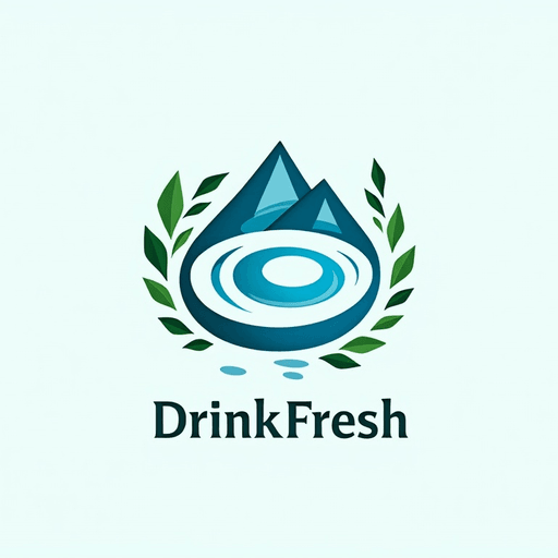  water drink concept, spiral leaves around it. Mountain. 2d. Text "DrinkFresh". Emblem