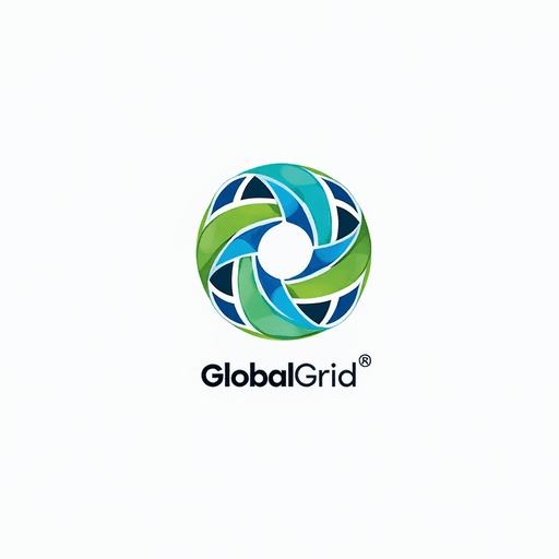 Professional logo design. Geometric globe with interconnected lines and vibrant blue and green colors Text "GlobalGrid" 