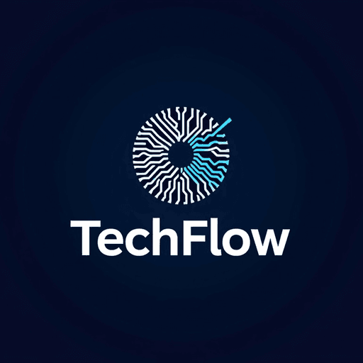 Professional logo design. Abstract circuit board pattern with techy blue and silver colors - text "TechFlow"