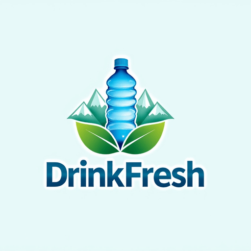 Professional logo design. water bottle concept, spiral leaves around it. Mountain. 2d. Text "DrinkFresh". Emblem