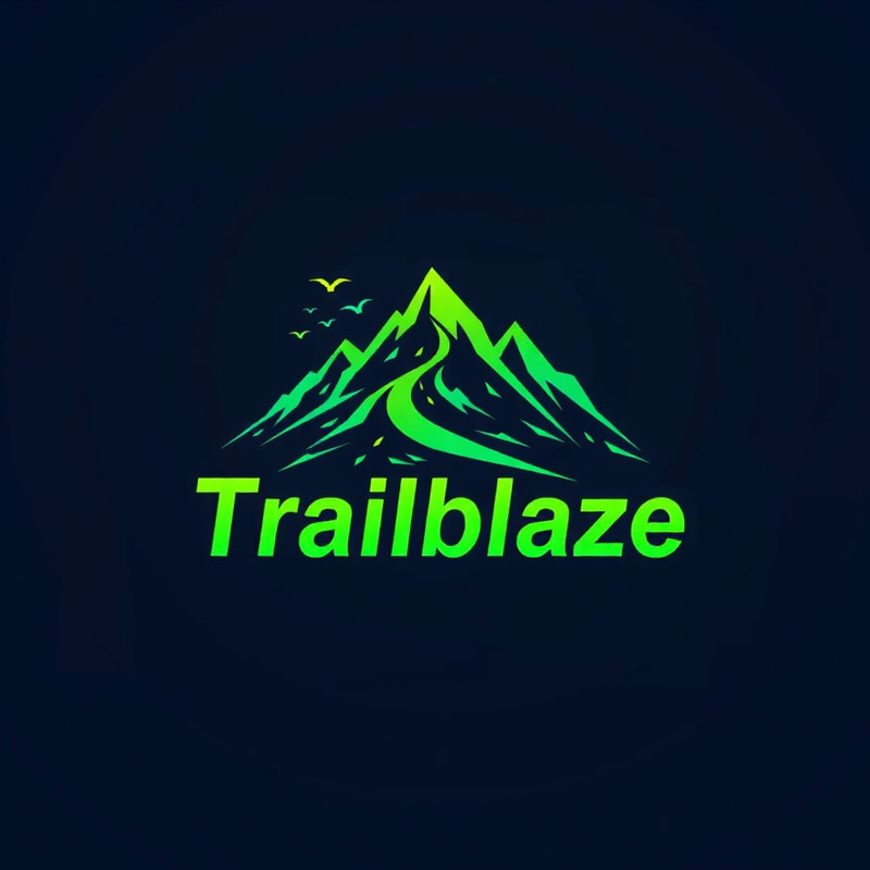 Design a dynamic logo for 'Trailblaze,' featuring a mountain trail winding up to a summit. With birds flying on top of the mountain.