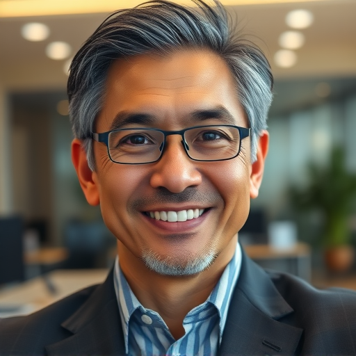  Character portrait of a business owner and investor — hyper realistic face zoom, predominantly black and gray hair, warm color palette, soft natural lighting with a confident mood, modern business style, subtle textures to enhance depth, office setting in the background with hints of corporate elements. smiling
