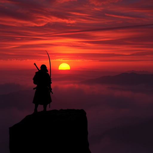 Professional logo design. A lone samurai standing on the edge of a cliff at twilight, overlooking a vast valley shrouded in mist. The sky burns with deep orange and purple hues from the setting sun, casting long, dramatic shadows. The samurai’s silhouette glows against the horizon, with their sword reflecting a glint of fading light. The overall style is hyper-realistic, cinematic, and moody, with dramatic contrast and atmospheric depth.