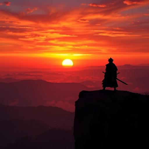 Professional logo design. A lone samurai standing on the edge of a cliff at twilight, overlooking a vast valley shrouded in mist. The sky burns with deep orange and purple hues from the setting sun, casting long, dramatic shadows. The samurai’s silhouette glows against the horizon, with their sword reflecting a glint of fading light. The overall style is hyper-realistic, cinematic, and moody, with dramatic contrast and atmospheric depth.
