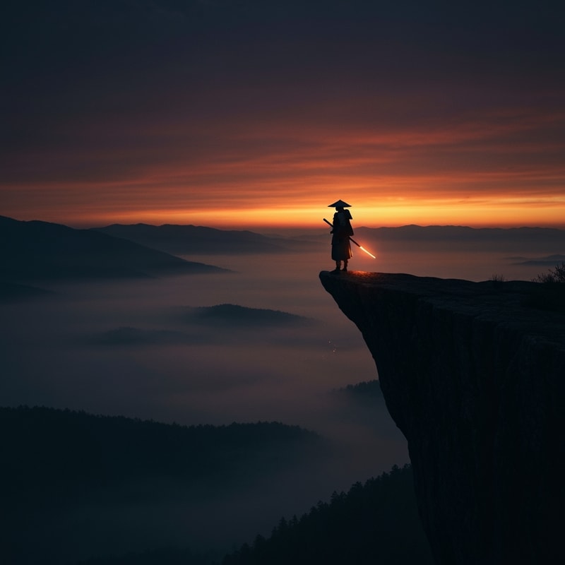 Professional logo design. A lone samurai standing on the edge of a cliff at twilight, overlooking a vast valley shrouded in mist. The sky burns with deep orange and purple hues from the setting sun, casting long, dramatic shadows. The samurai’s silhouette glows against the horizon, with their sword reflecting a glint of fading light. The overall style is hyper-realistic, cinematic, and moody, with dramatic contrast and atmospheric depth.