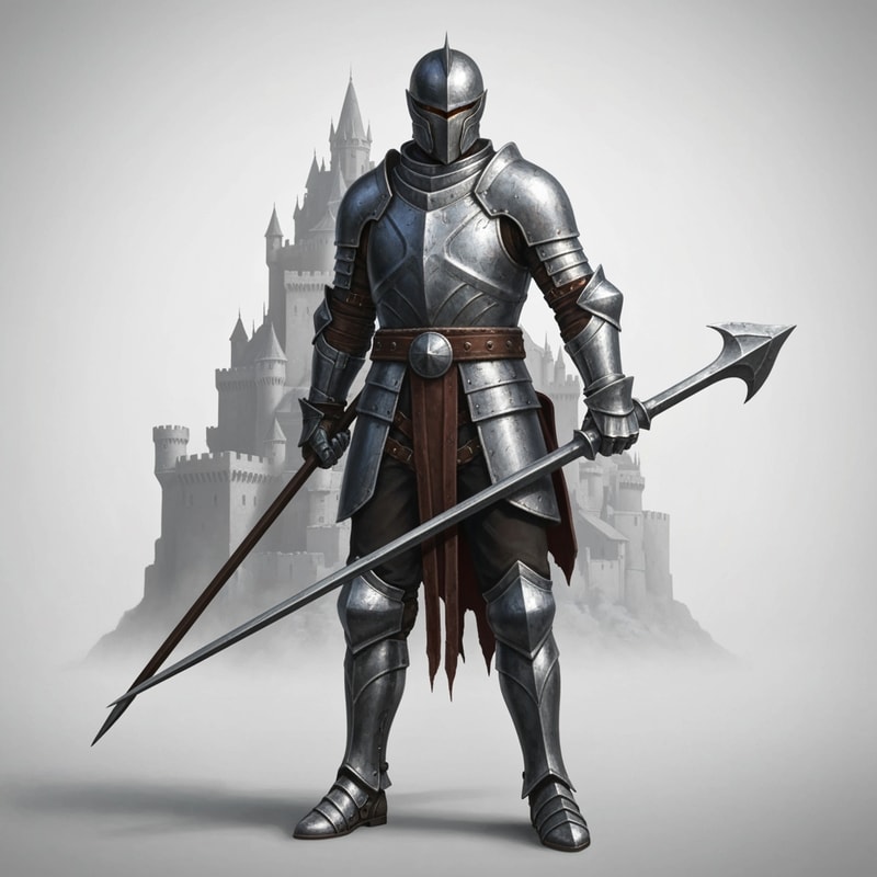 hyper realistic knight with a castle behind