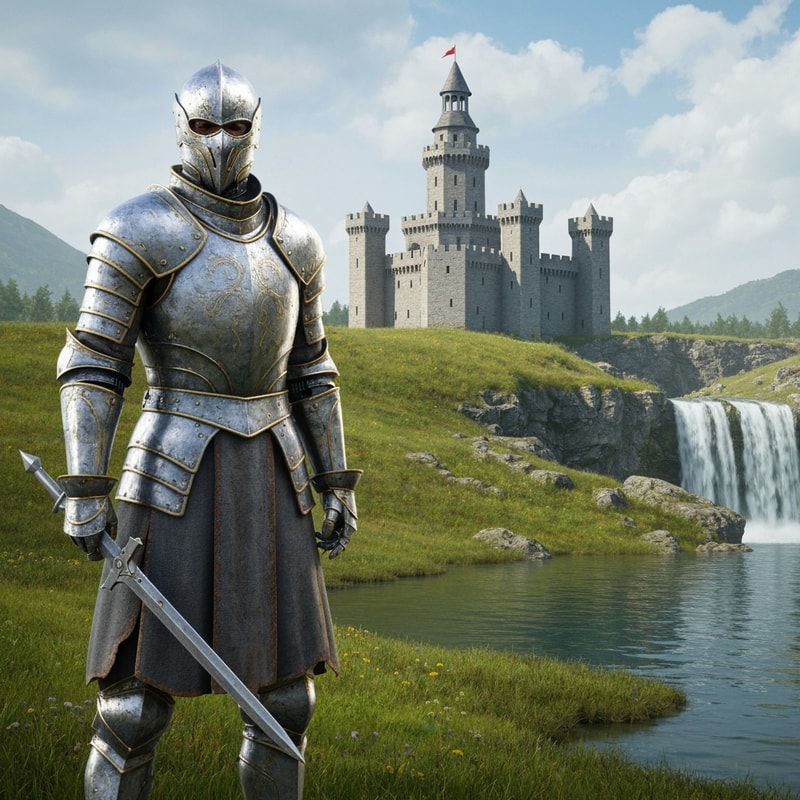 hyper realistic knight with a castle behind, with grass and water behind and a waterfall