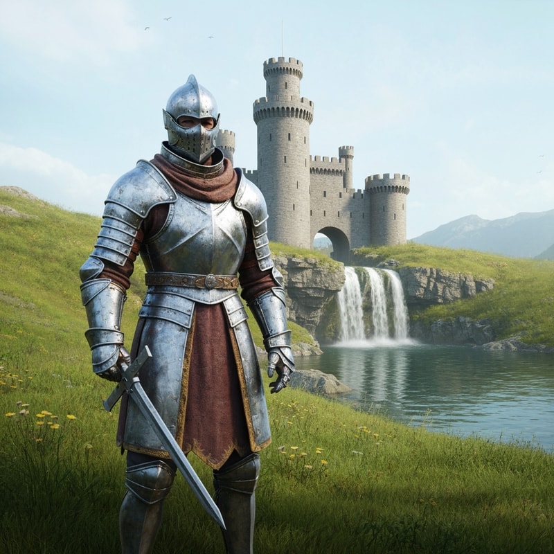 hyper realistic knight with a castle behind, with grass and water behind and a waterfall