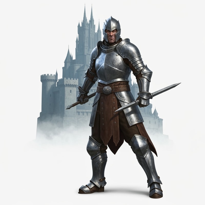 hyper realistic knight with a castle behind