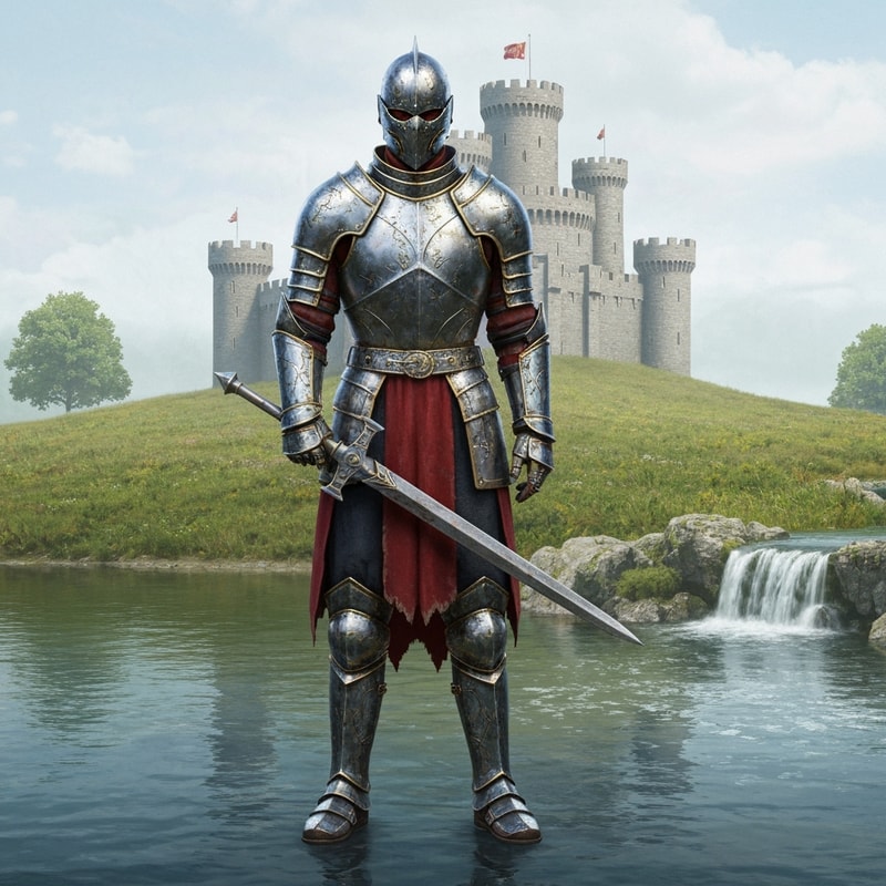 hyper realistic knight with a castle behind, with grass and water behind and a waterfall