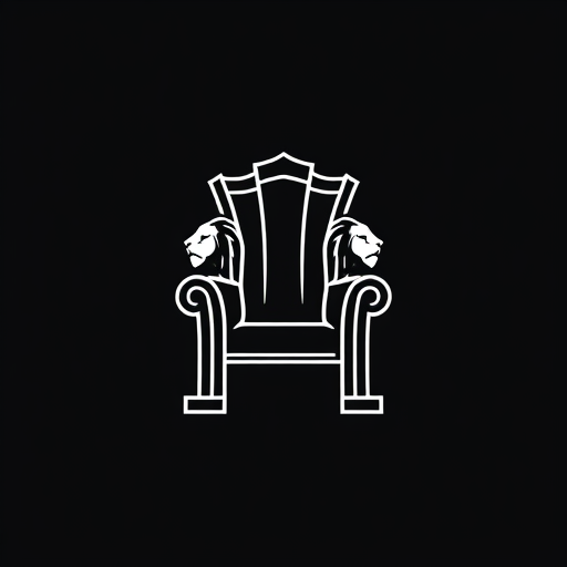 Professional logo design. Create a minimalistic, iconic logo featuring a high-backed throne silhouette with two stylized lion heads facing outward on each armrest. The design should be clean and elegant, using bold white lines and shapes on a dark or black background. The throne and lion heads should be symmetrical and balanced, focusing on simplified details that convey regality, power, and sophistication. The logo should have a modern and professional style, suitable for digital and print use as a brand symbol. the logo whos showing a identity of power 